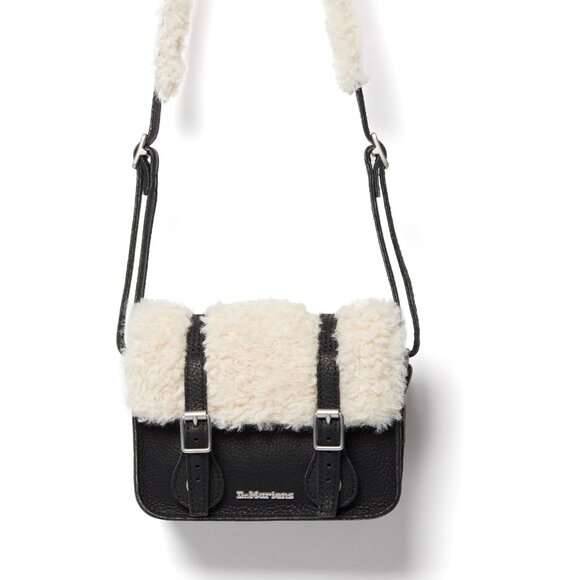 Luxurious Black Leather Satchel Bag with Faux Fur Interior - Compact Versatility - Picture 2 of 9